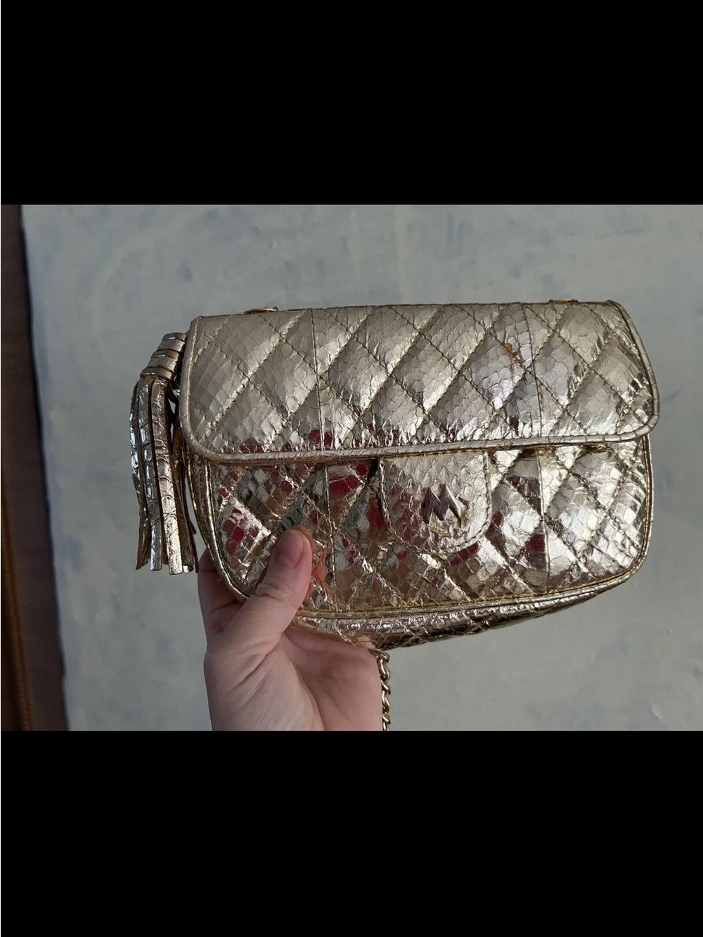 Mary Ann Rosenfeld Vintage Gold Handbag Bag Small Quilted Snakeskin Snake Skin